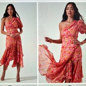 ASTR Santorini one shoulder dress in pink multi floral size M